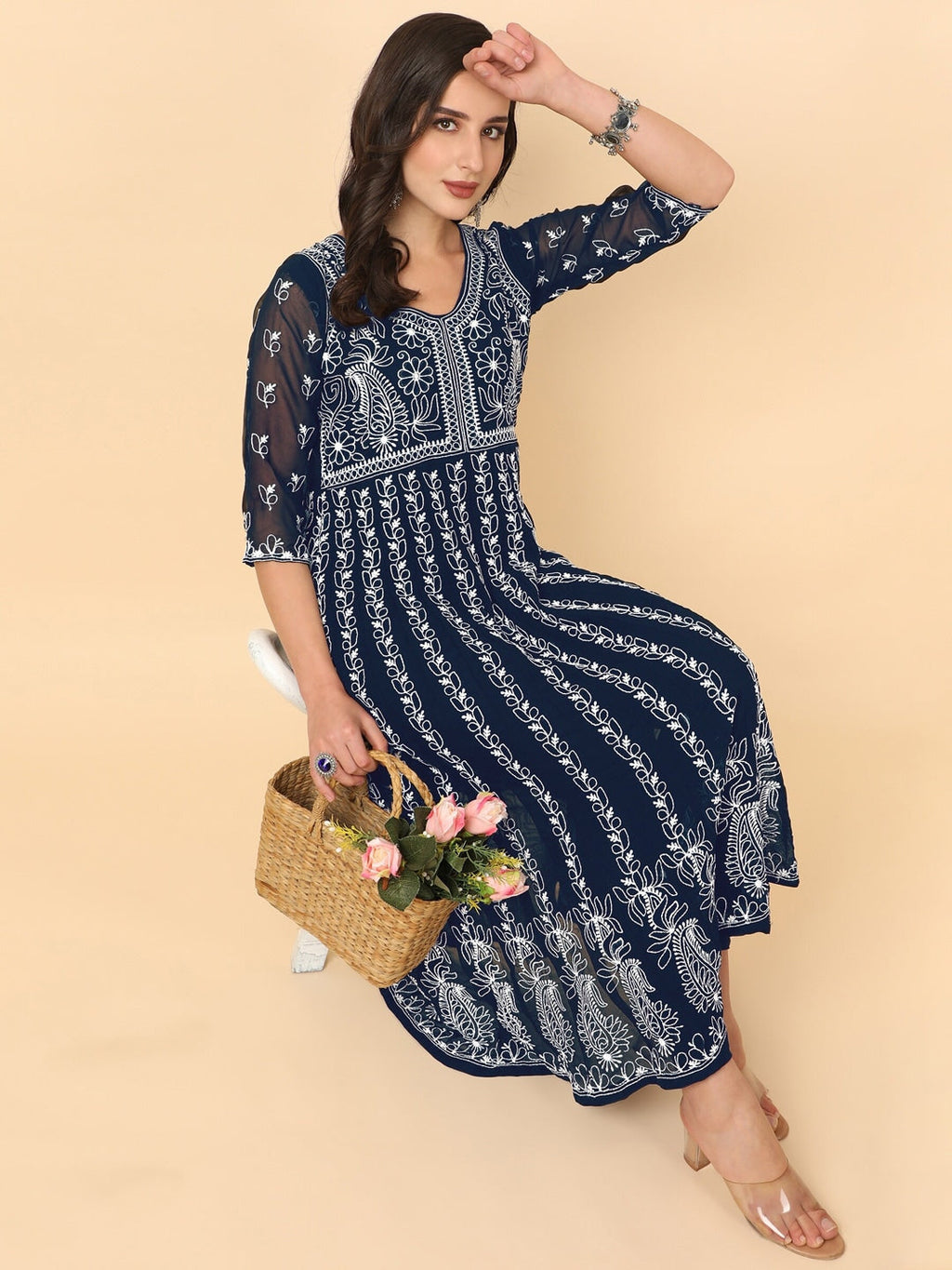 HERE&NOW Women Chikankari Embroidered Thread Work Georgette Anarkali Kurta | Grocsy