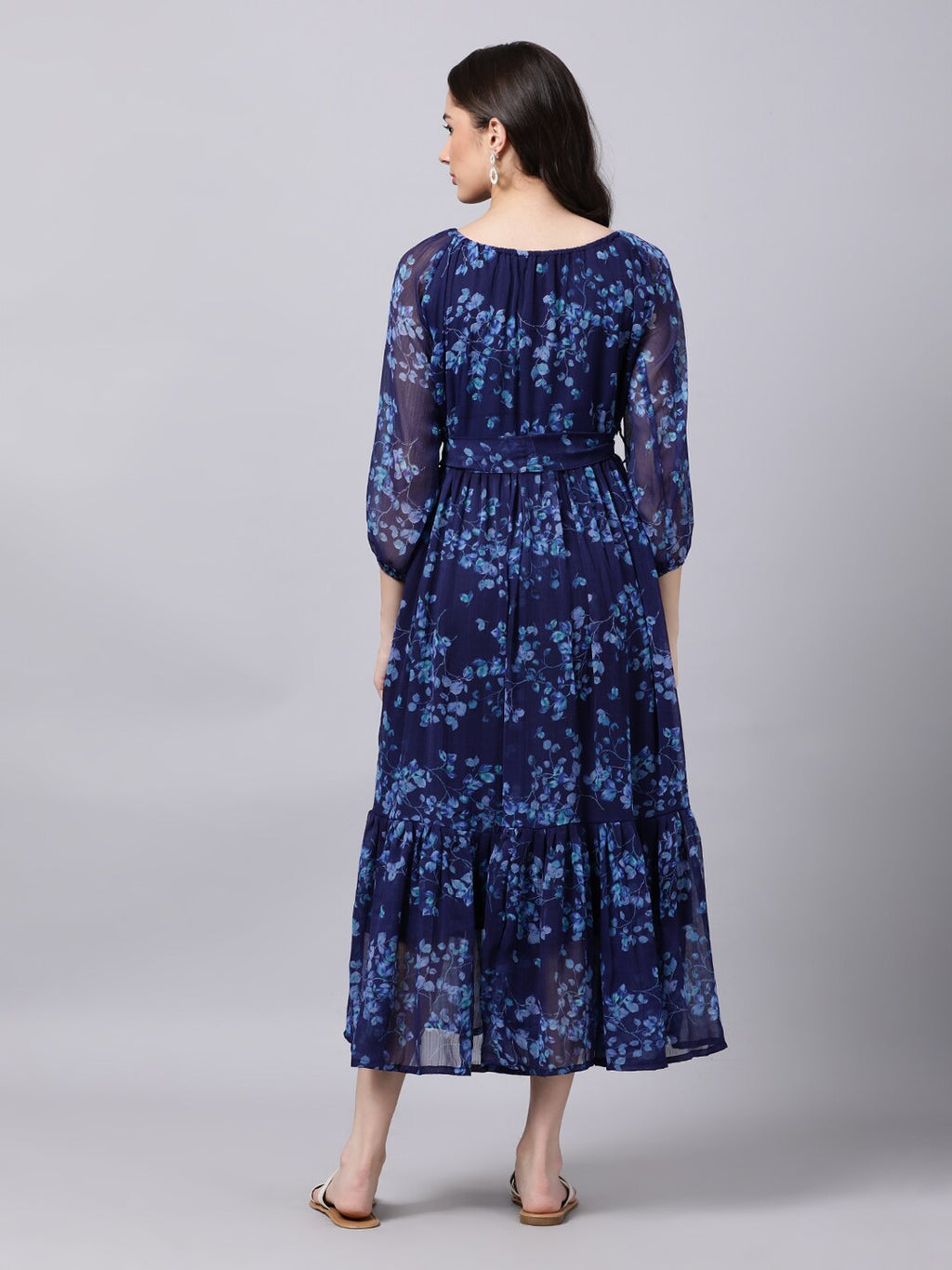 Souchii Navy Blue Floral Layered Chiffon A-Line Midi Dress | Grocsy