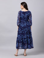 Souchii Navy Blue Floral Layered Chiffon A-Line Midi Dress | Grocsy