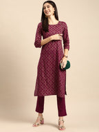 All About You Women Maroon Woven Design Pure Cotton Kurta with Trousers | Grocsy
