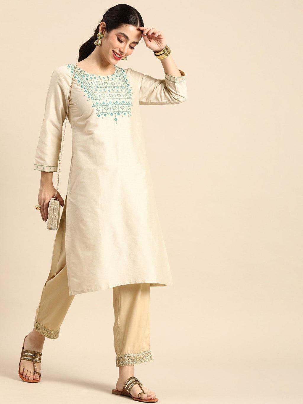 Sangria Women Ethnic Motifs Embroidered Thread Work Pastels Kurta | Grocsy