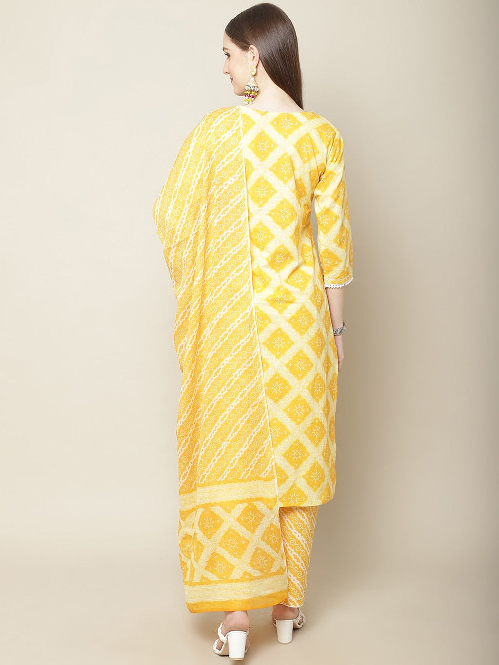 Sangria Women Yellow Printed Thread Work Pure Cotton Kurta with Trousers | Grocsy