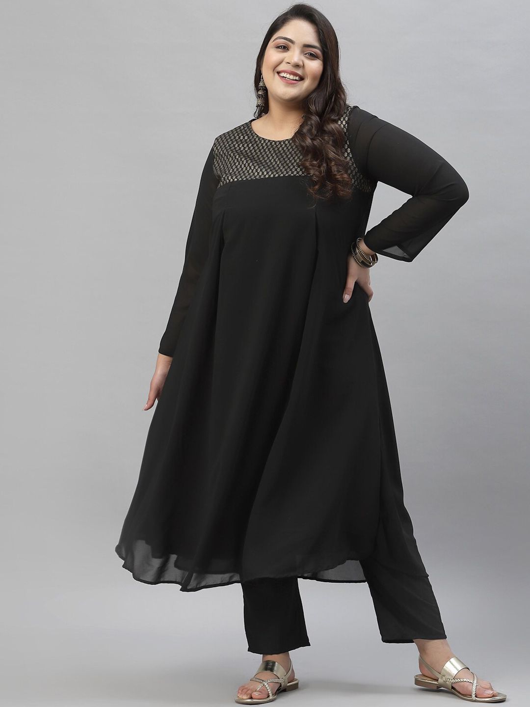 Sztori Plus Size Ethnic Motif Foil Printed Straight Georgette Kurta with Trousers | Grocsy