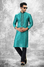 Raivat Ethnic Jacquard Silk Brocade Thread Work Kurta Pajama In Teal Green Colour | Grocsy