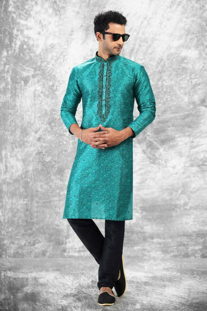 Raivat Ethnic Jacquard Silk Brocade Thread Work Kurta Pajama In Teal Green Colour | Grocsy