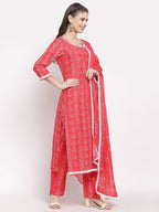 Myshka Women's Red Cotton Printed 3/4 Sleeve Round Neck Casual Kurta Pant Dupatta Set | Grocsy