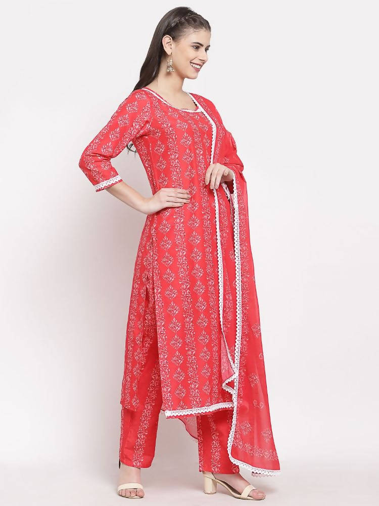 Myshka Women's Red Cotton Printed 3/4 Sleeve Round Neck Casual Kurta Pant Dupatta Set | Grocsy