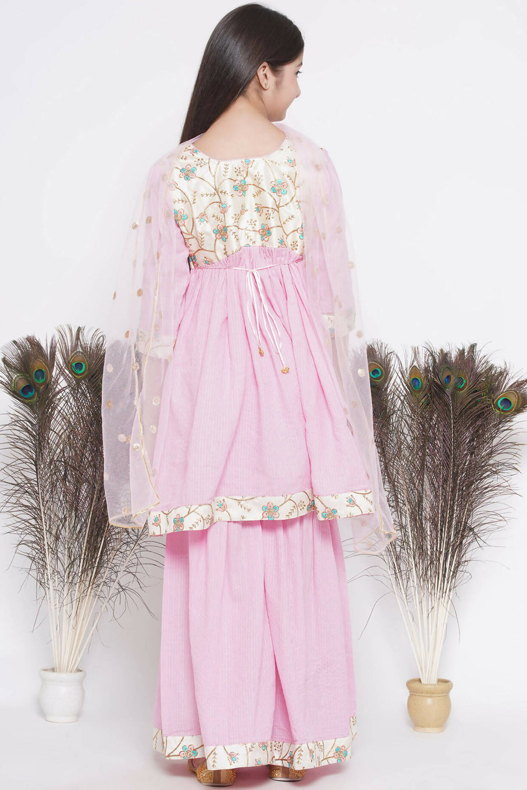 Little Bansi Floral Embroidery Jacket With Cotton Kantha Frock Sharara And Dupatta With Ghungroo Handwork - Pink | Grocsy