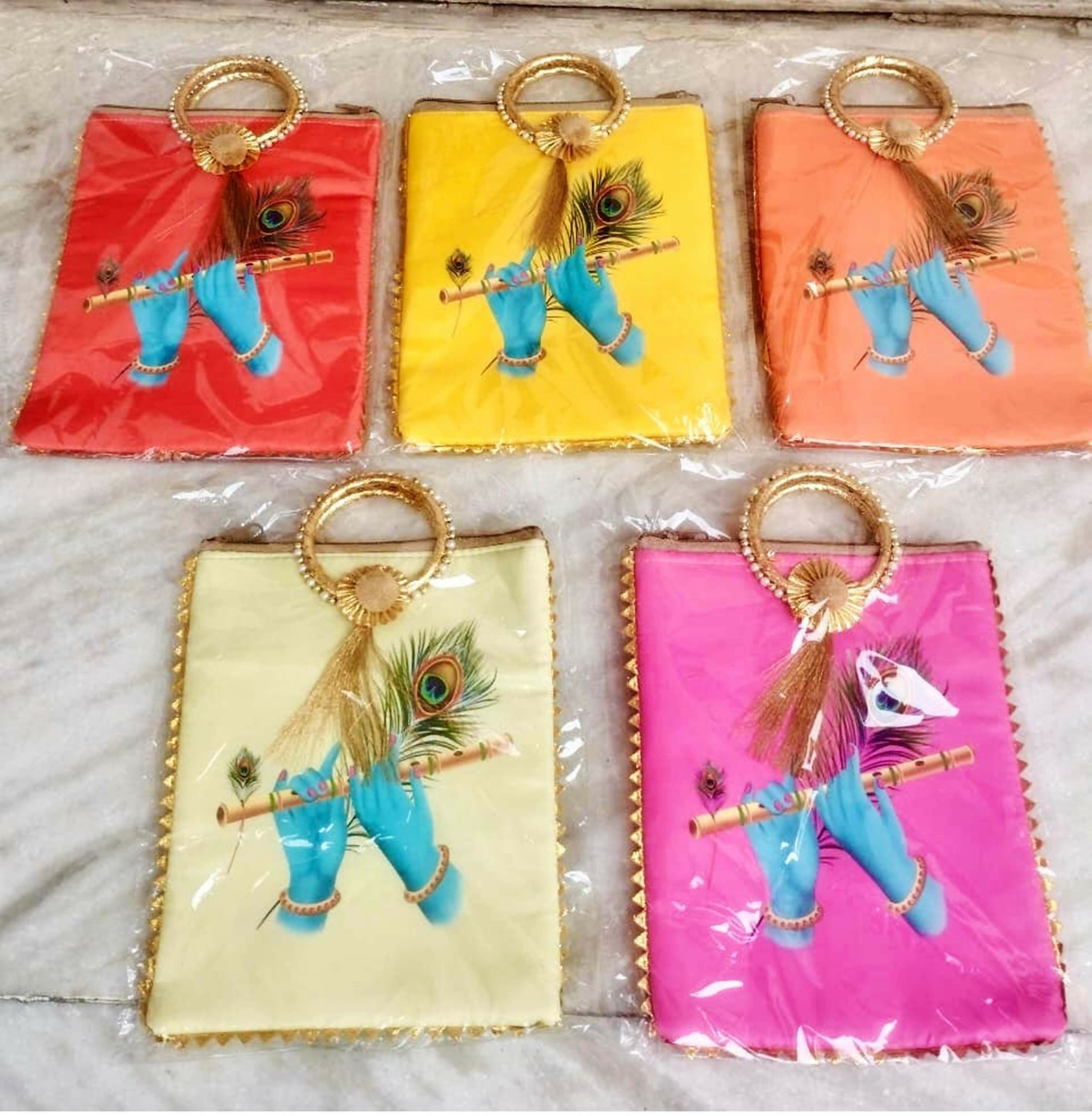 Joban Fashion Bansuri With Mor Pankh Print Gift Bags For Wedding & Pooja Ceremony ( Pack Of 5 ) - Multicolor | Grocsy
