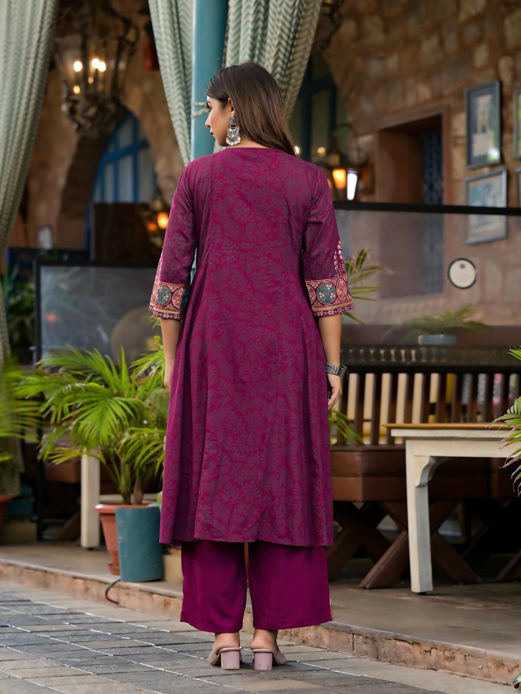 Juniper Women's Plum Floral Printed Liva Rayon Kurta Pant And Dupatta Set With Thread Work Gota Patti & Beads | Grocsy