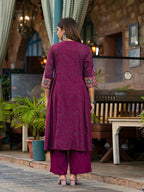 Juniper Women's Plum Floral Printed Liva Rayon Kurta Pant And Dupatta Set With Thread Work Gota Patti & Beads | Grocsy