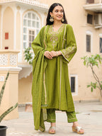 Juniper Women's The Swarn Mehndi Green Thread Embroidered Viscose Kurta Pant And Dupatta With Mirror & Zari work | Grocsy