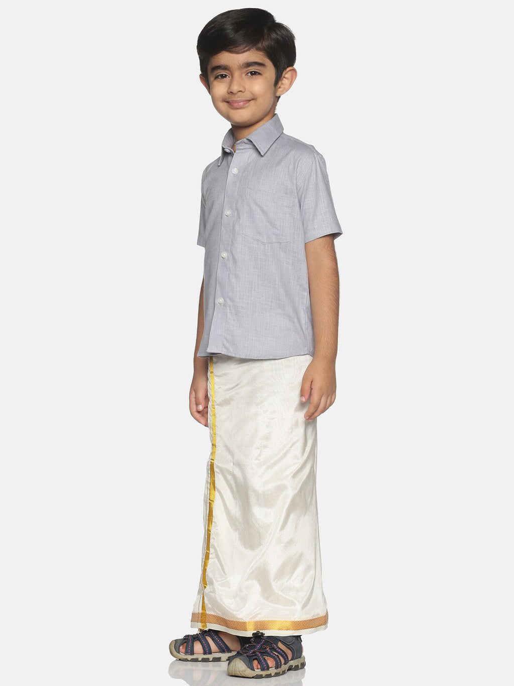 Sethukrishna Boys Grey & White Solid Shirt with Veshti Set | Grocsy