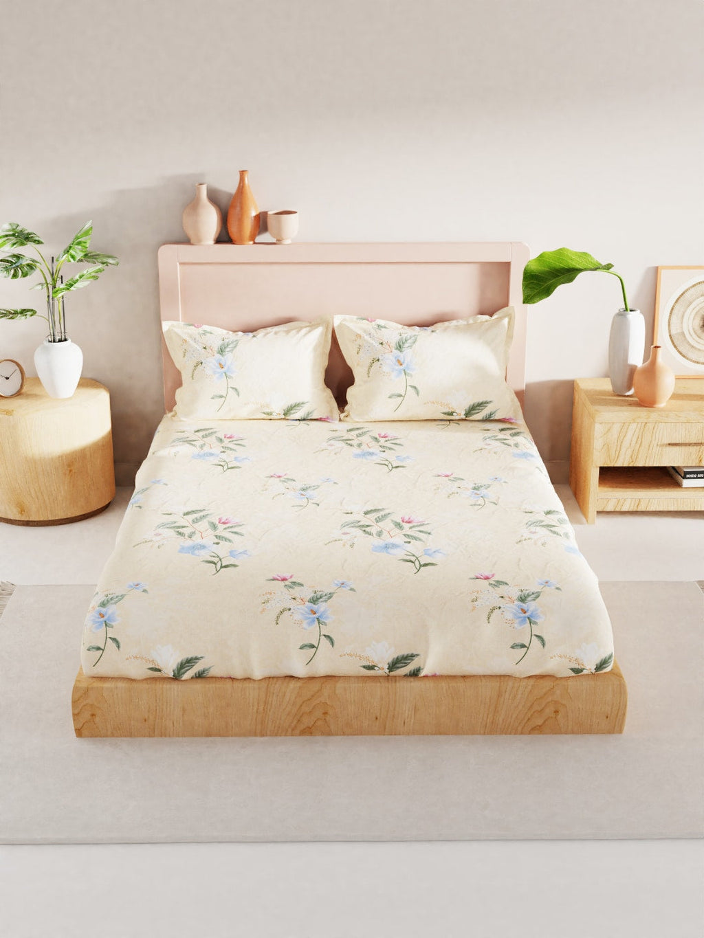 BIANCA Yellow & Blue Floral 186 TC King Bedsheet with 2 Pillow Covers | Grocsy