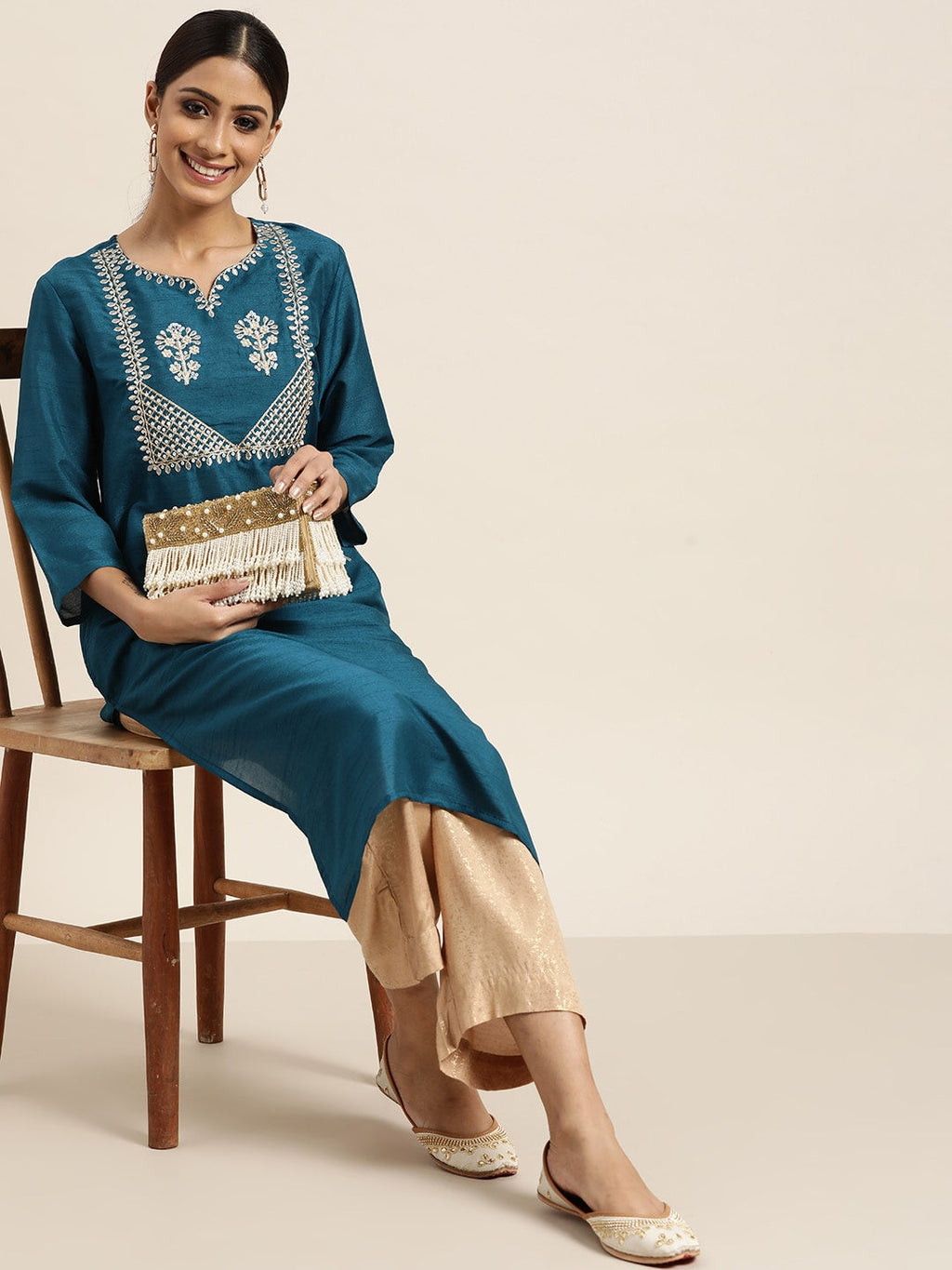 Sangria Women Teal Blue & Golden Ethnic Motifs Embroidered Sequinned Straight Kurta | Grocsy