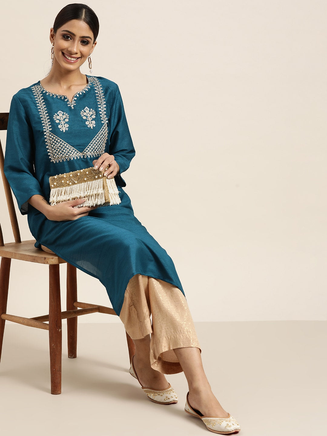 Sangria Women Teal Blue & Golden Ethnic Motifs Embroidered Sequinned Straight Kurta | Grocsy
