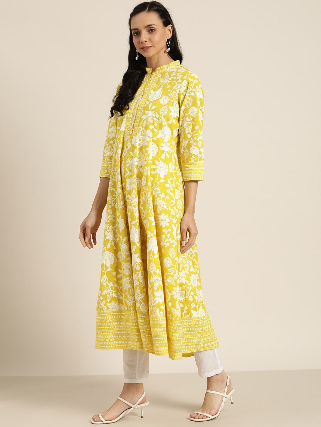 Sangria Women Yellow & White Ethnic Motifs Print Pure Cotton Anarkali Kurta | Grocsy