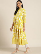 Sangria Women Yellow & White Ethnic Motifs Print Pure Cotton Anarkali Kurta | Grocsy