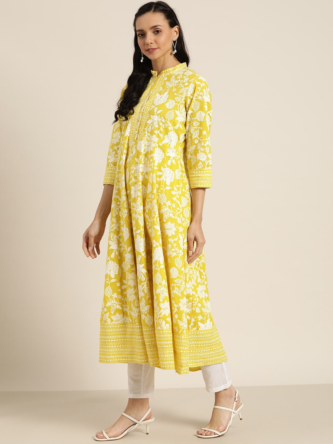 Sangria Women Yellow & White Ethnic Motifs Print Pure Cotton Anarkali Kurta | Grocsy