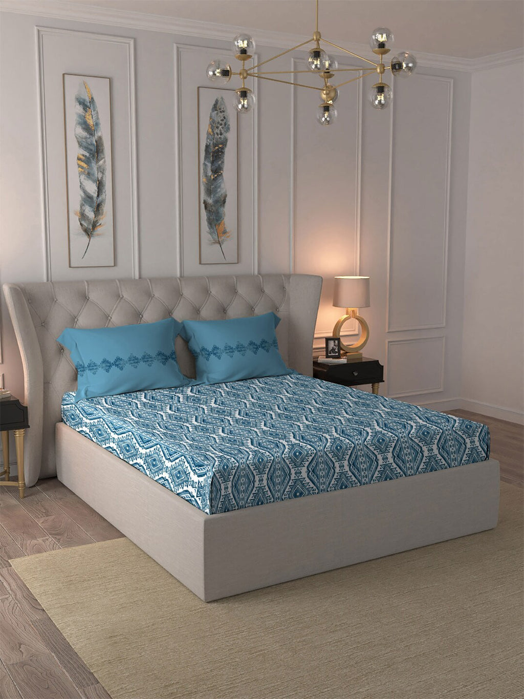 MYTRIDENT Blue White Ethnic Motifs Cotton 120 TC Queen Bedsheet With 2 Pillow Covers | Grocsy