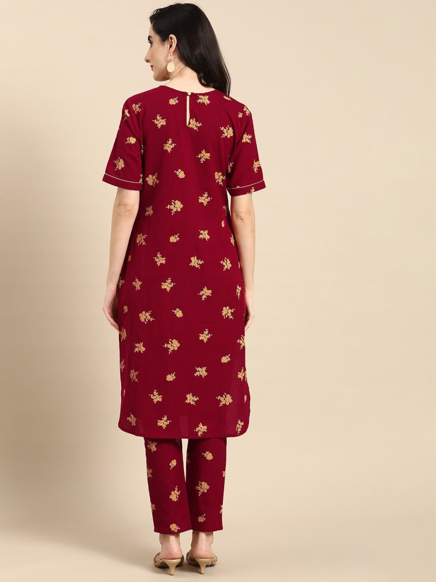 All About You Women Maroon & Mustard Yellow Floral Printed Pure Cotton Kurta with Trousers | Grocsy