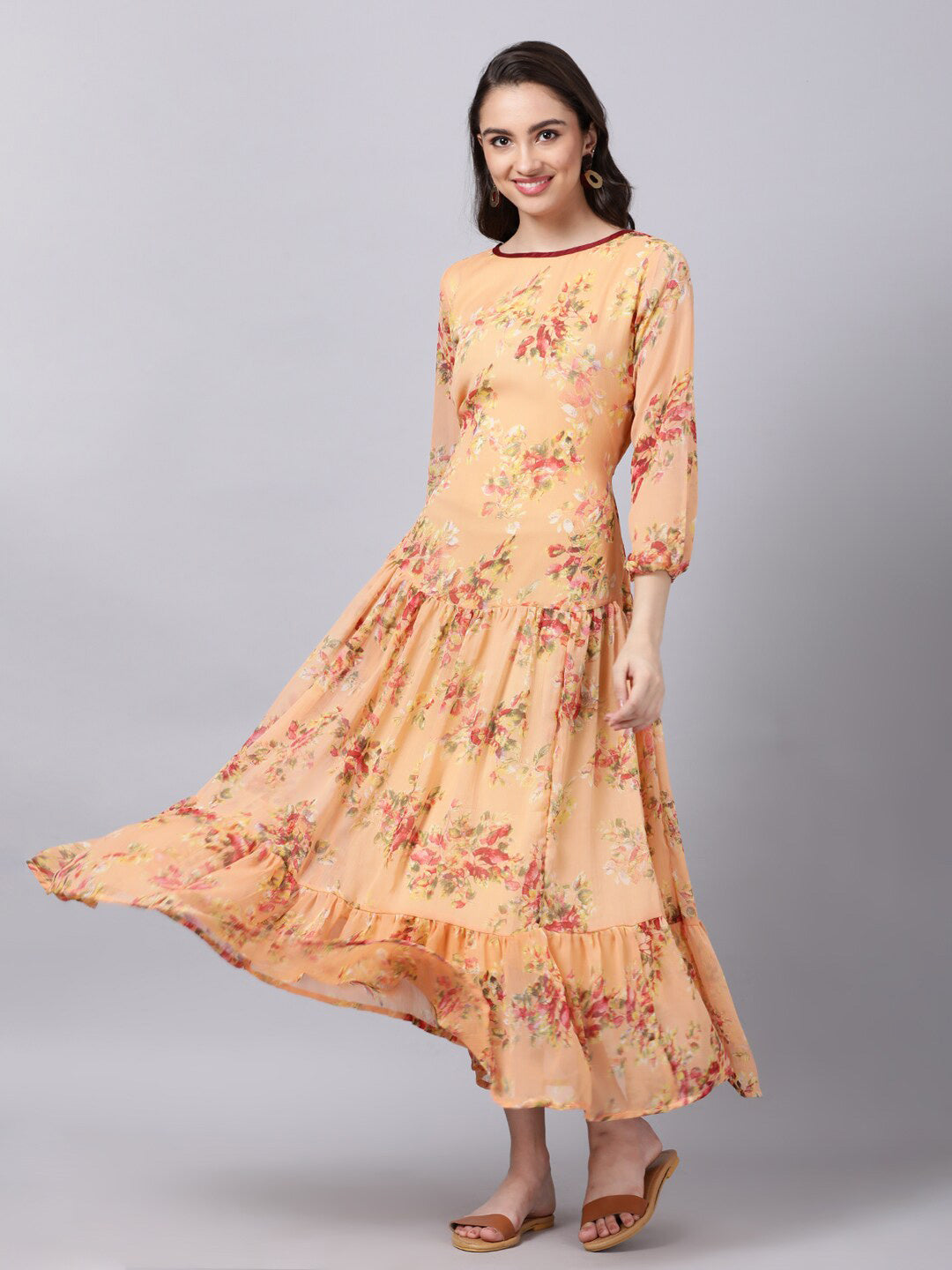 Souchii Floral Printed Boat Neck A-Line Maxi Dress | Grocsy