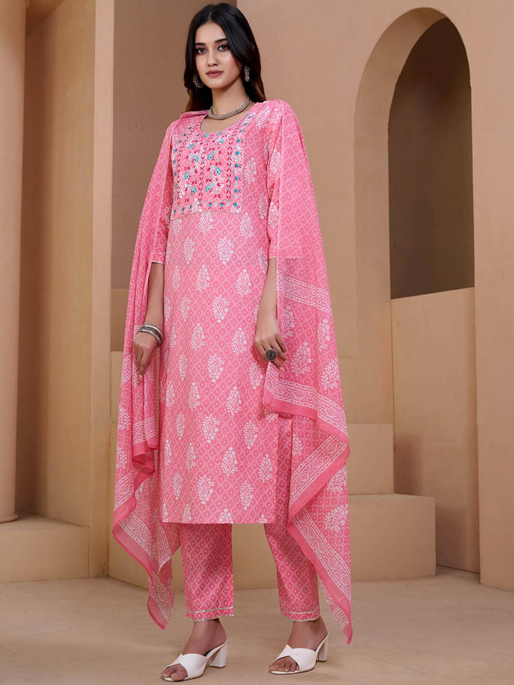 Sangria Pink & White Ethnic Motifs Printed Pure Cotton Kurta With Trousers & Dupatta | Grocsy