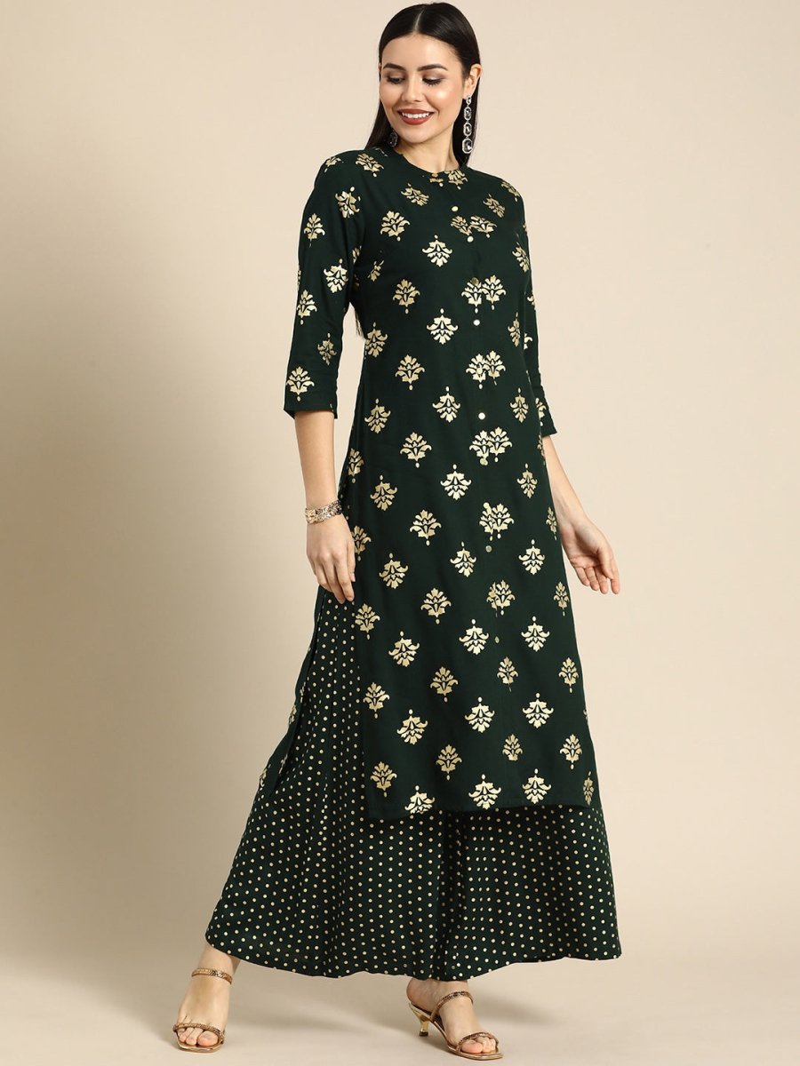 All About You Women Green & Gold-toned Ethnic Motifs Printed Kurta with Palazzos | Grocsy
