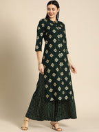 All About You Women Green & Gold-toned Ethnic Motifs Printed Kurta with Palazzos | Grocsy