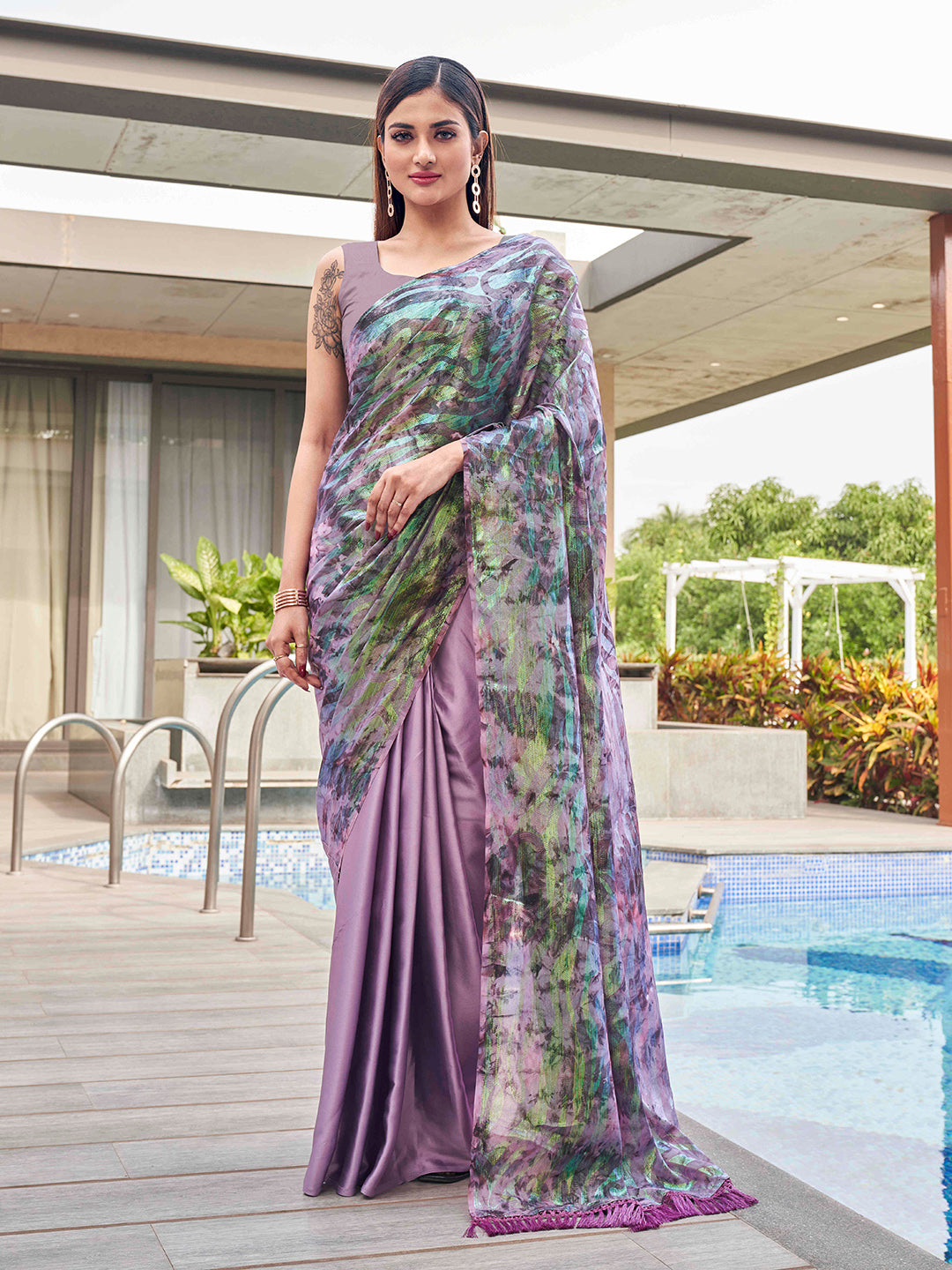 Tikhi Imli Mauve Abstract Printed Satin Half and Half Saree | Grocsy