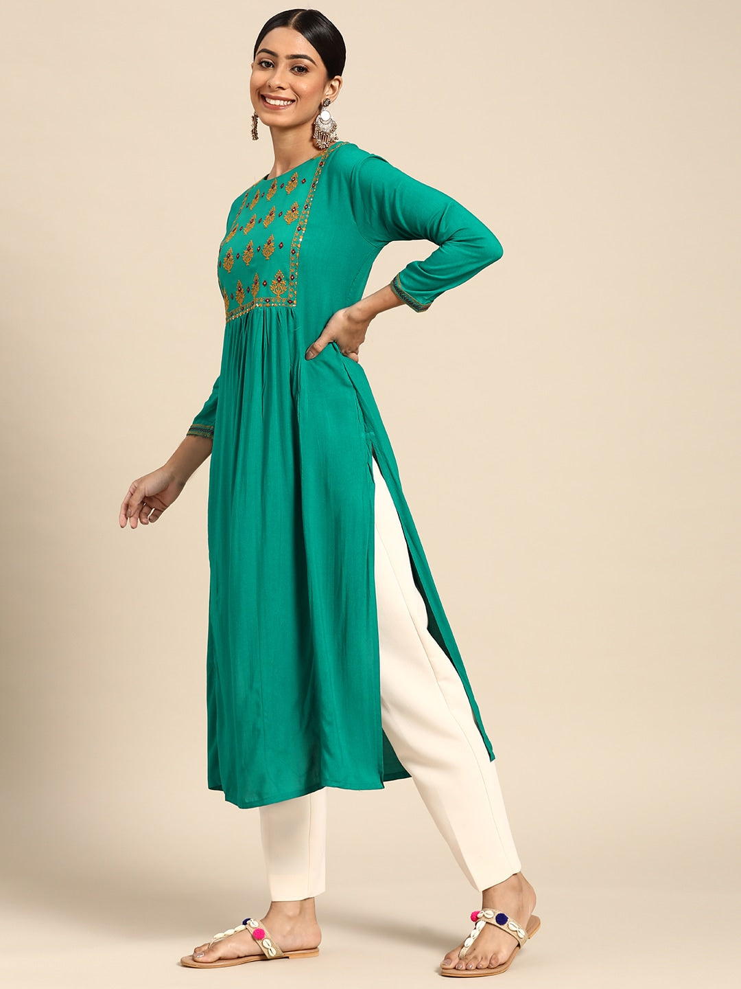 Sangria Women Green Floral Embroidered Mirror Work Kurta | Grocsy