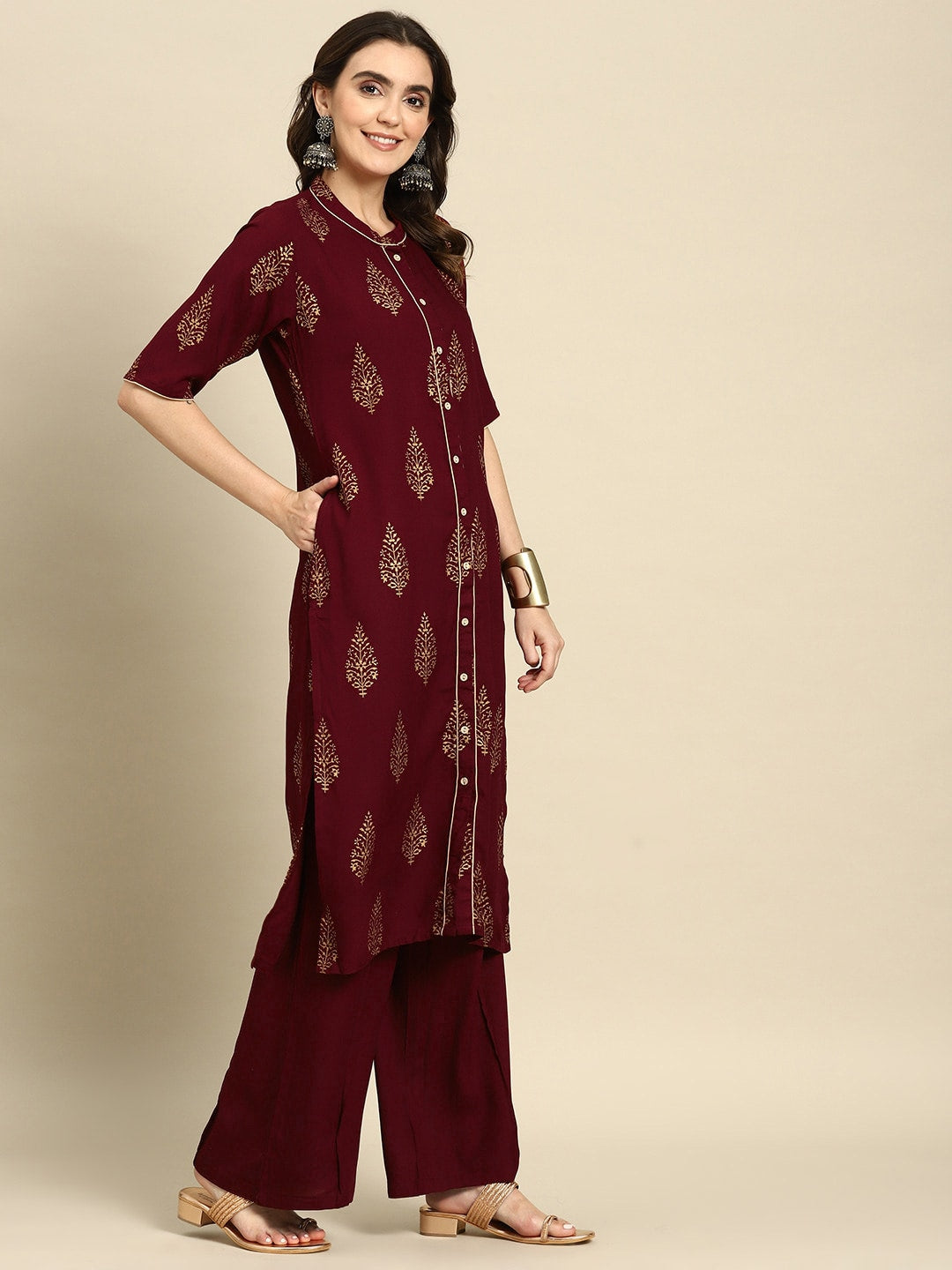 Sangria Ethnic Motifs Printed Pure Cotton Kurta With Palazzos | Grocsy