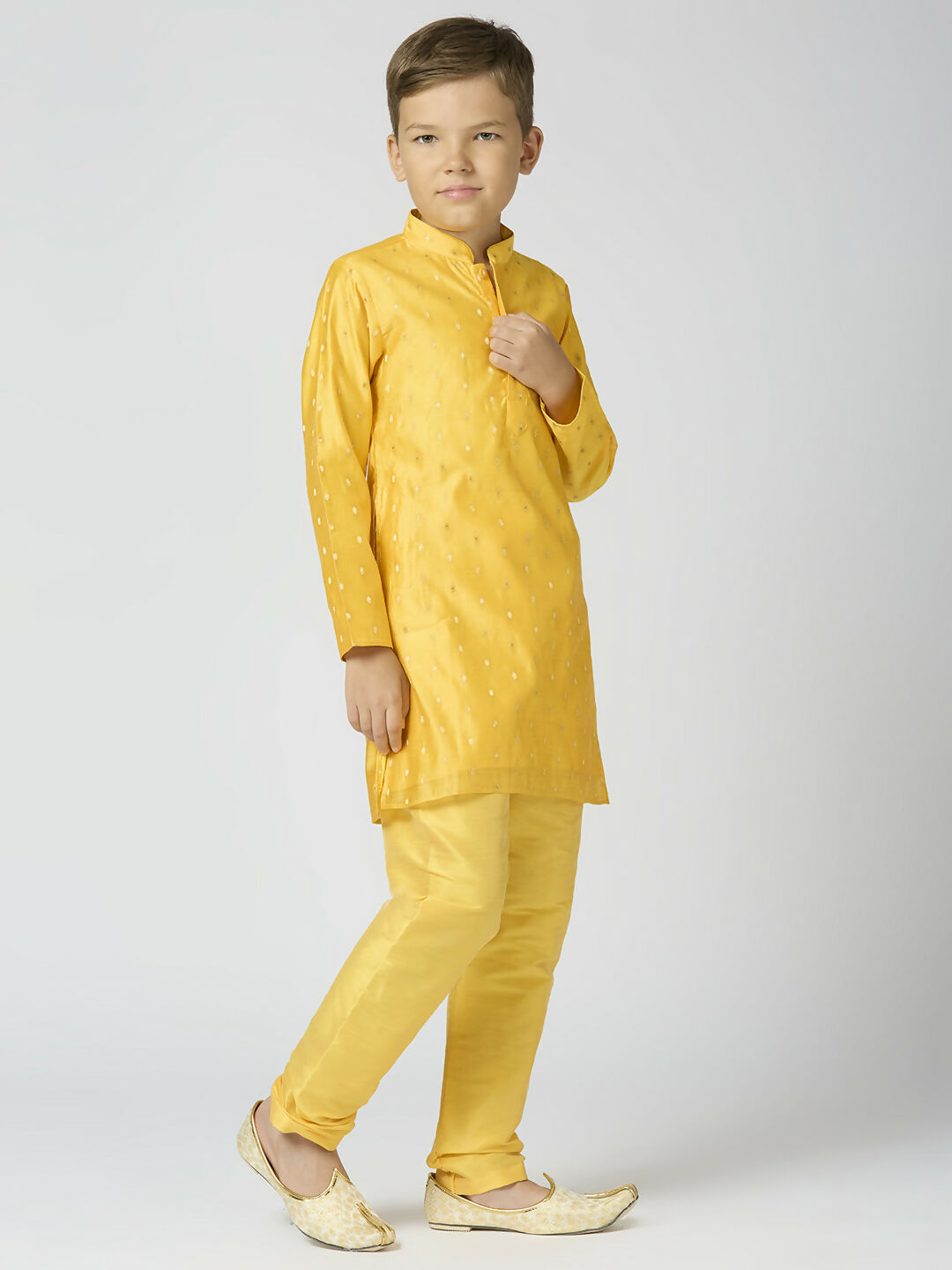 Joban Fashion Kids Island Full Sleeves Chanderi Kurta, Pyjama Set with Traditional Butta Work - Yellow | Grocsy