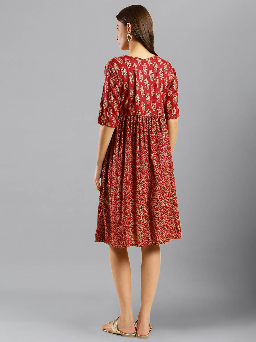 Red Cotton Ethnic Motifs Aline Dress - Poonam | Grocsy