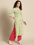 Sangria Women Green Floral Printed Thread Work Floral Kurta | Grocsy