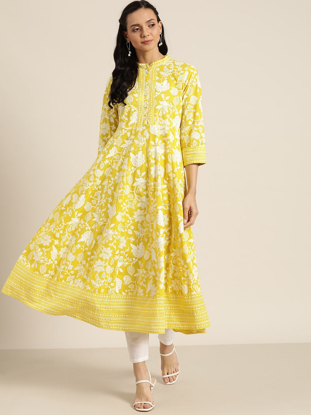 Sangria Women Yellow & White Ethnic Motifs Print Pure Cotton Anarkali Kurta | Grocsy