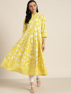 Sangria Women Yellow & White Ethnic Motifs Print Pure Cotton Anarkali Kurta | Grocsy