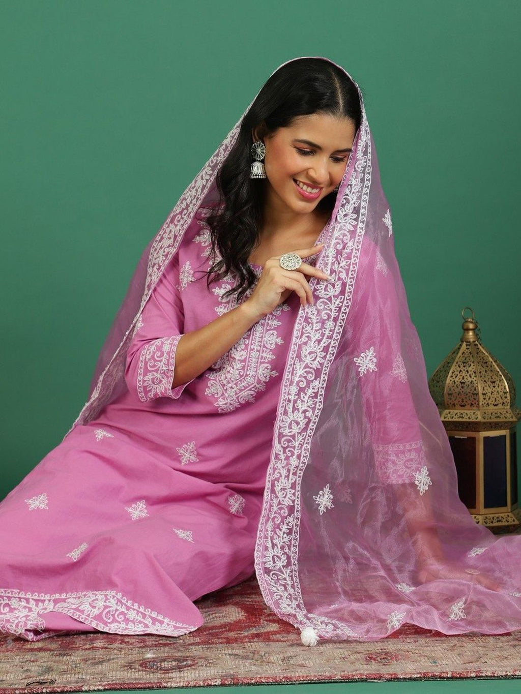 Sangria Embroidered Pure Cotton Round- Neck Kurta & Trousers With Dupatta | Grocsy