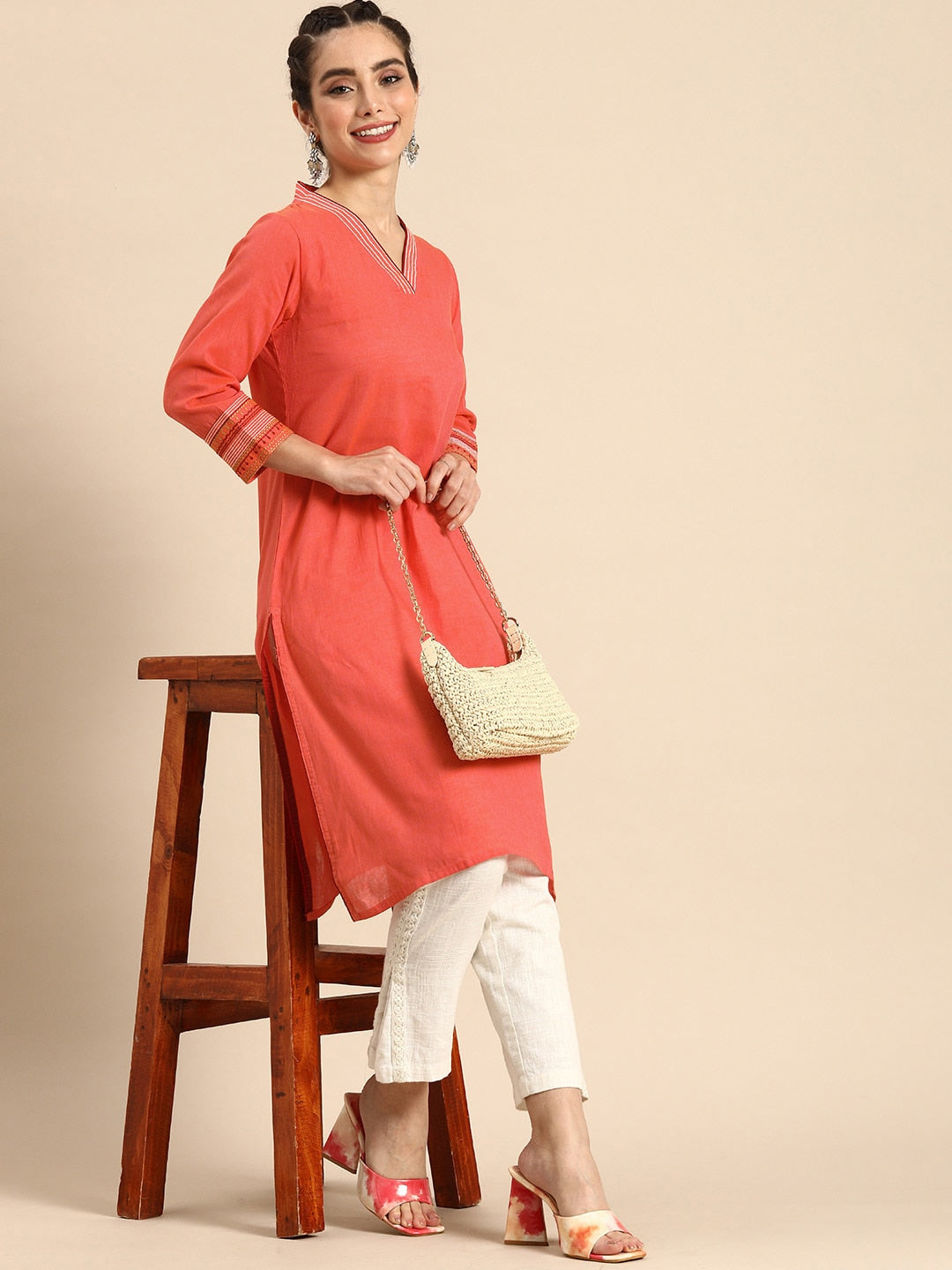 Sangria Women Coral Orange Solid Pure Cotton Kurta | Grocsy