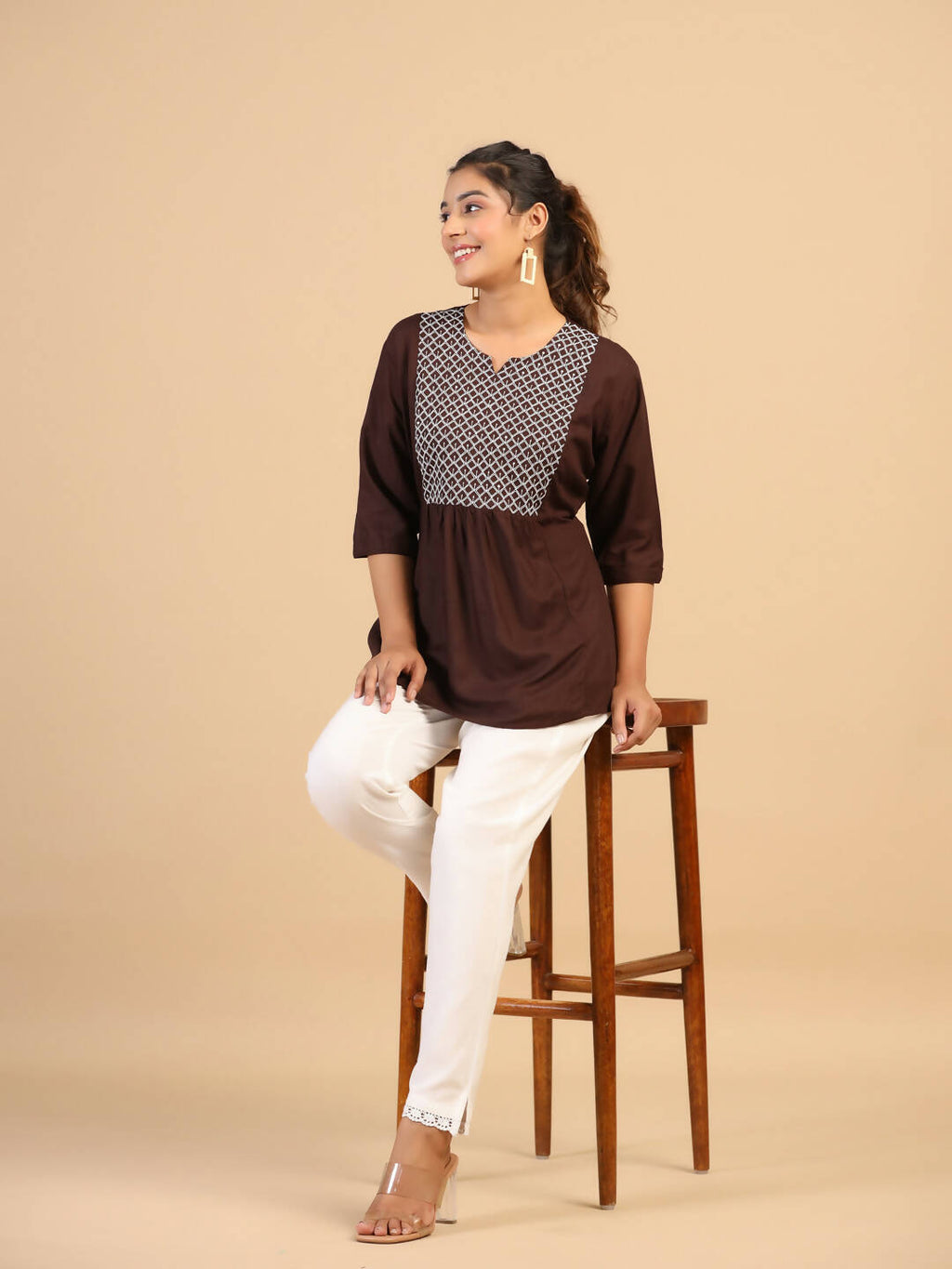 Womens Brown Rayon Yoke Embroidered Top - Keeva | Grocsy