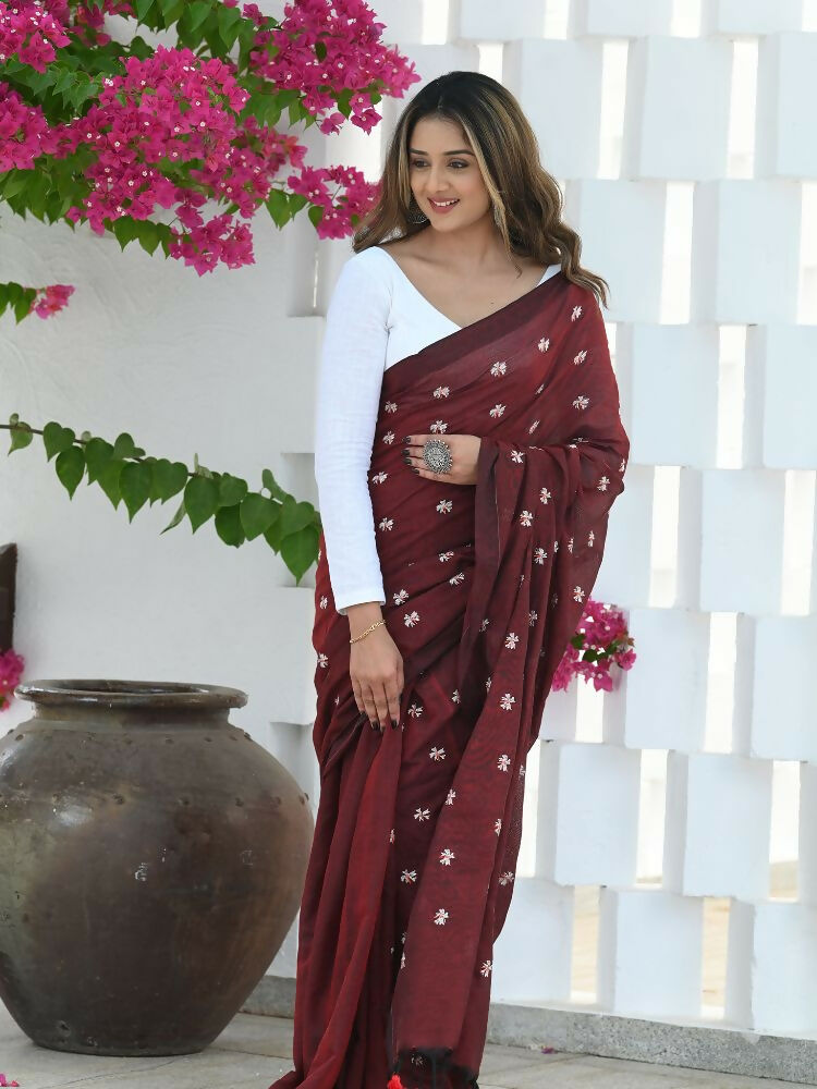 Beatitude Maroon Khadi Floral Embroidered Saree | Grocsy