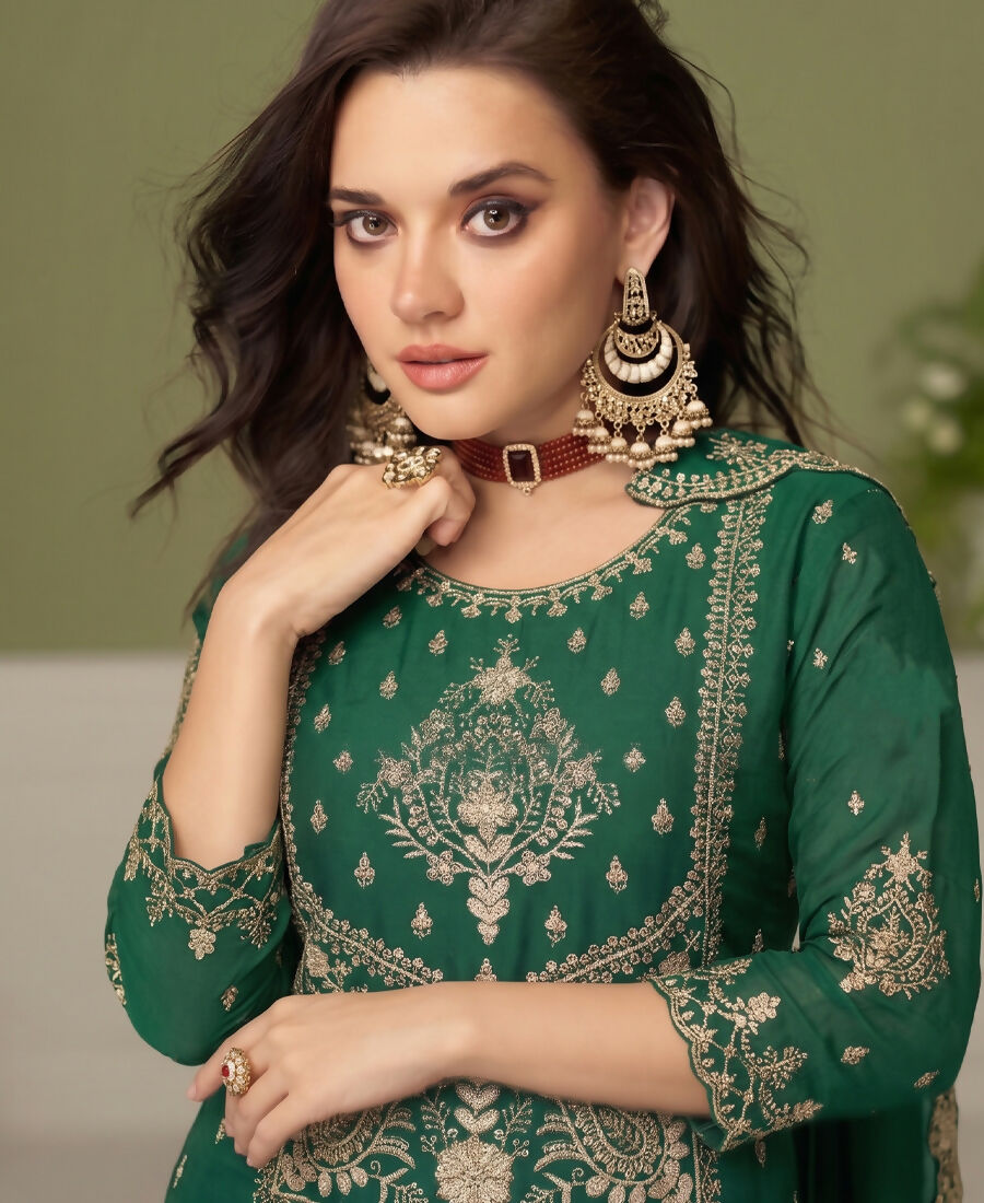 KC Green Wedding Wear Embroidered Crush Silk Salwar Suit | Grocsy
