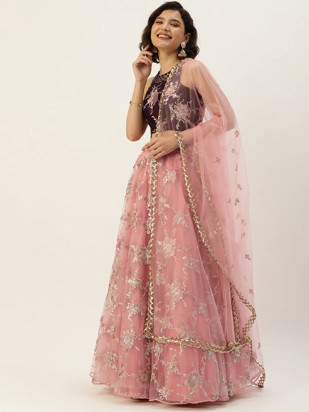 House of Panchhi Pink Net Sequins Embroideried Lehenga | Grocsy