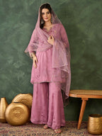 The52 Women's Gorgeous Embroidery Work Viscose Silk Fabric A-line Kurta Sharara and Dupatta Set | Grocsy