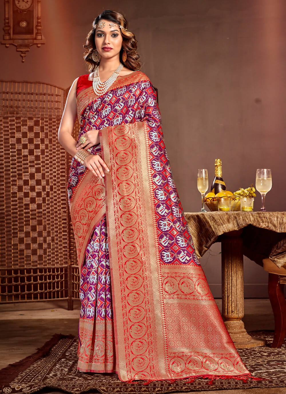 Purple Patola Silk Zari Woven Design Saree with Unstitched Blouse Piece - Aachal | Grocsy