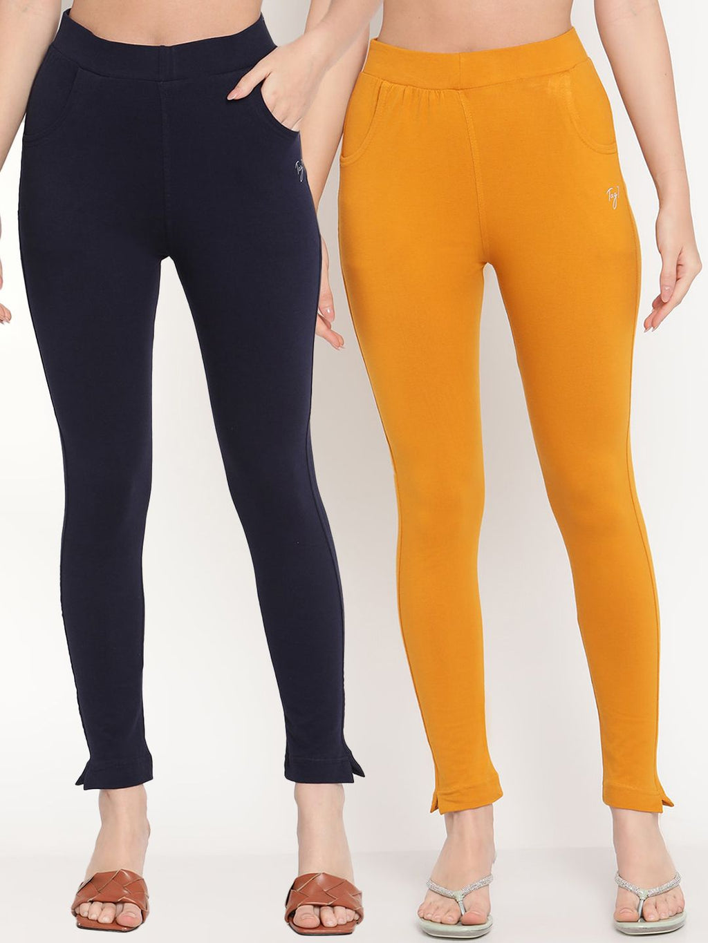 TAG 7 Women Navy Blue & Mustard Yellow Pack of 2 Straight Fit Ankle-Length Leggings | Grocsy