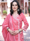 Sangria Pink Bandhani Printed Pure Cotton Angrakha Kurta With Trousers & Dupatta | Grocsy