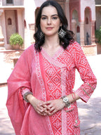 Sangria Pink Bandhani Printed Pure Cotton Angrakha Kurta With Trousers & Dupatta | Grocsy