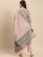Sangria Peach & Blue Floral-Printed Pure-Cotton Straight Kurta With Trouser & Dupatta | Grocsy