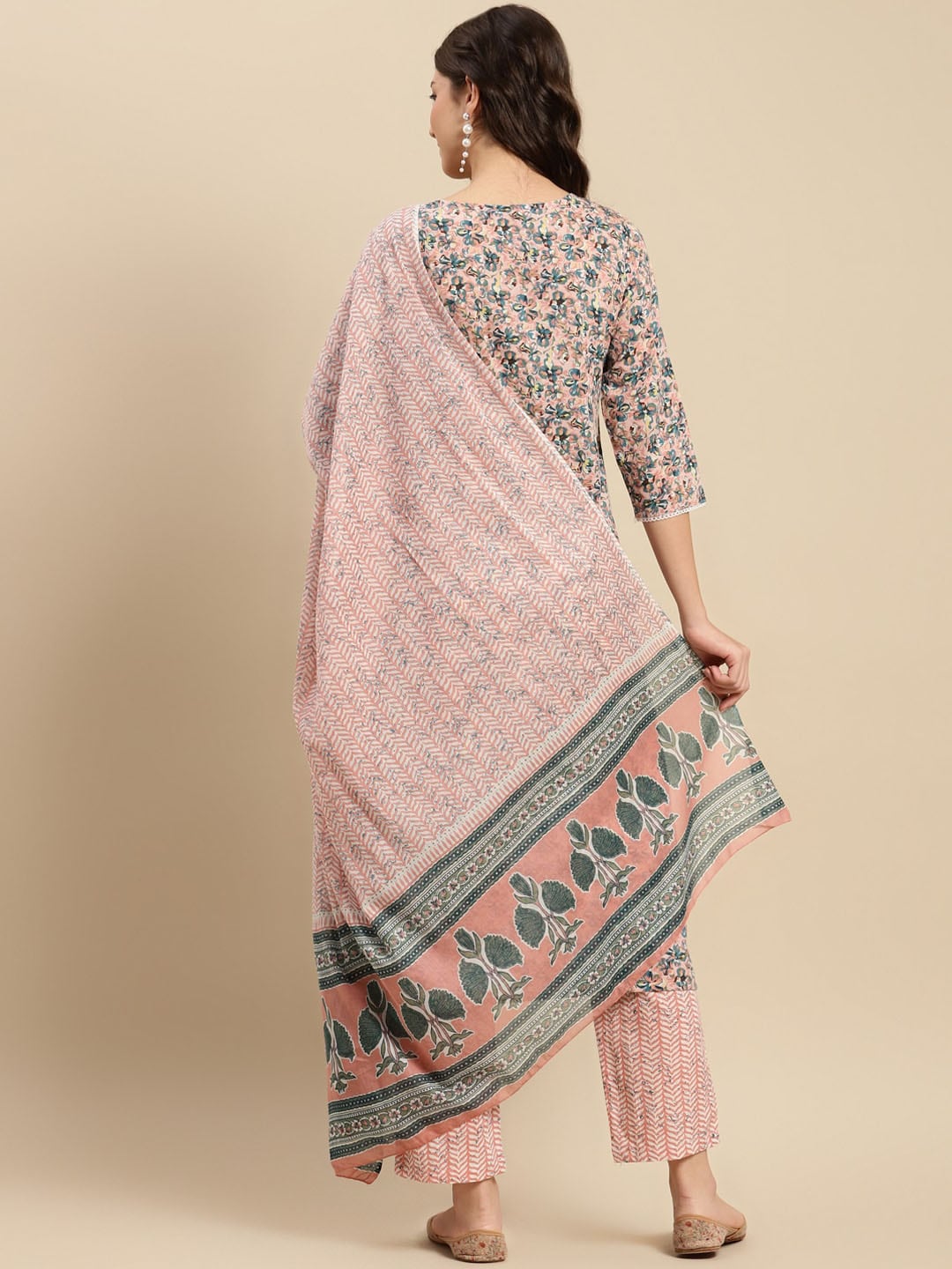 Sangria Peach & Blue Floral-Printed Pure-Cotton Straight Kurta With Trouser & Dupatta | Grocsy